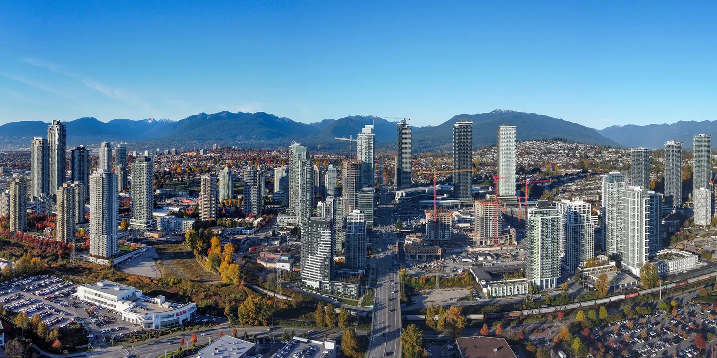 Brentwood Town Centre towers and surrounding Burnaby streets in a panoramic photograph titled 2025.
