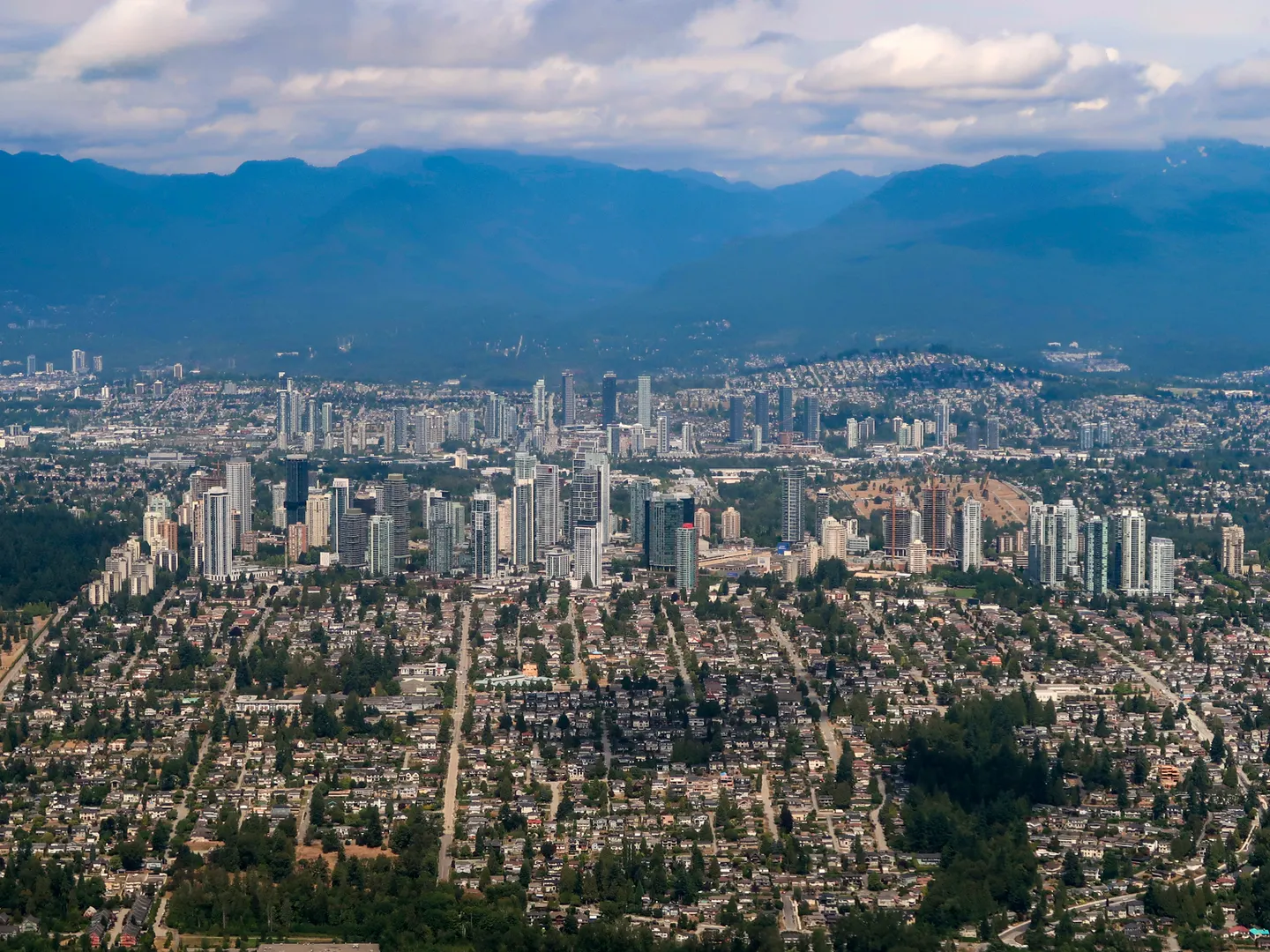 An aerial view identified by its photographer as Metrotown, Burnaby, in 2025.